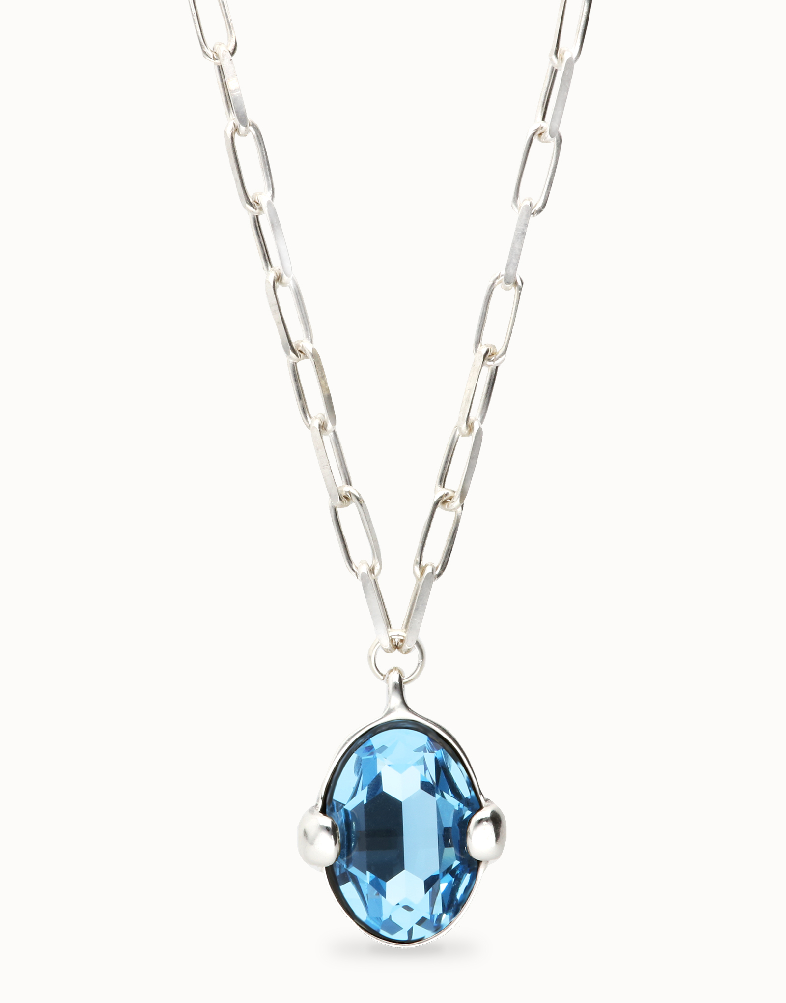 Long necklace with large blue oval faceted crystal, Silver, large thumbnail